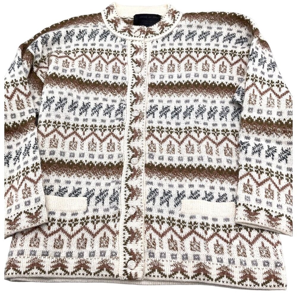 Senor De Sipan Cardigan Women Large Beige Brown‎ Geometric Alpaca Peru Sweater